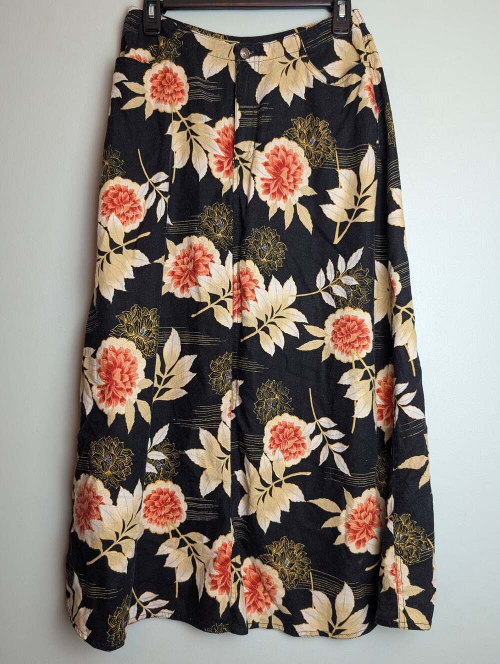 Liz Claiborne Liz Wear Black Floral Linen Rayon Midi Skirt Size 8
